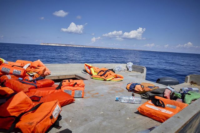 Archive - Several life jackets, in a small boat where a total of 70 migrants were traveling, on September 8, 2021, in the Mediterranean Sea, in the vicinity of Lampedusa, Sicily (Italy)