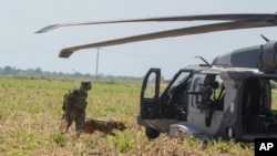 A Mexican Marine and a trained dog board a helicopter after supporting the operation where drug trafficker Rafael Caro Quintero was captured, near Los Mochis, Sinaloa state, Mexico, on Friday, July 15, 2022. (Photo AP/Guillermo Juarez)