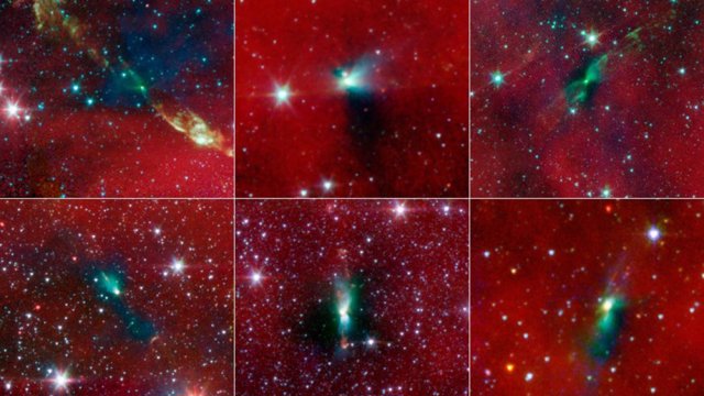 Six images taken by the Spitzer telescope in which binary stars form asymmetrical envelopes