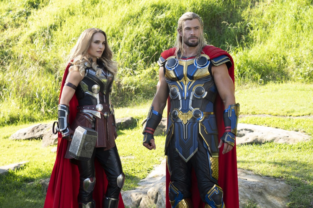 Natalie Portman and Chris Hemsworth in a scene from "Thor: Love and Thunder."