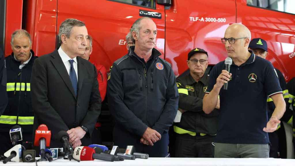 The Italian Prime Minister, Mario Draghi, the President of the Veneto region, Luca Zaia, and the head of the Civil Protection Department, Fabrizio Curcio, visit the base of operations for the rescue work after an avalanche in the Marmolada mountain , in Canazei (Italy).