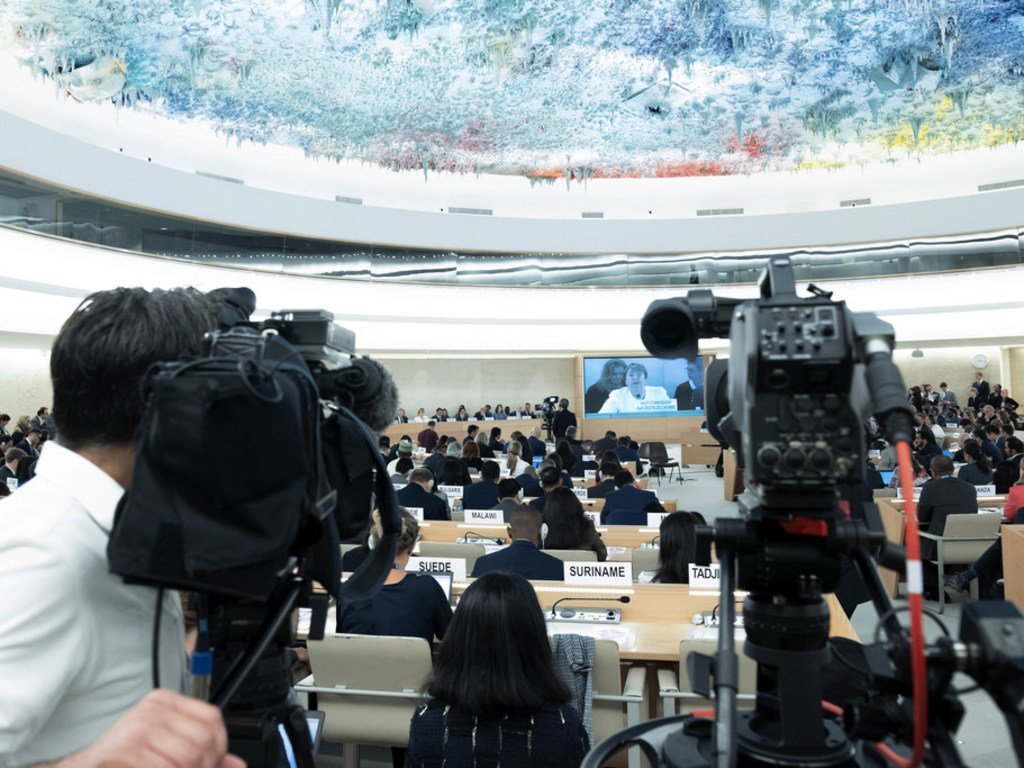 The UN High Commissioner for Human Rights, Michelle Bachelet, framed in a television camera speaking at the Human Rights Council.  File photo.