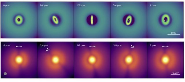 This is a still image from a simulation of a forming planetary disk, carried out by the University of Warwick and Stephen Hawking Research Fellow Rebecca Nealon.  The images show the rotating inner disc in the upper half and the shadow that