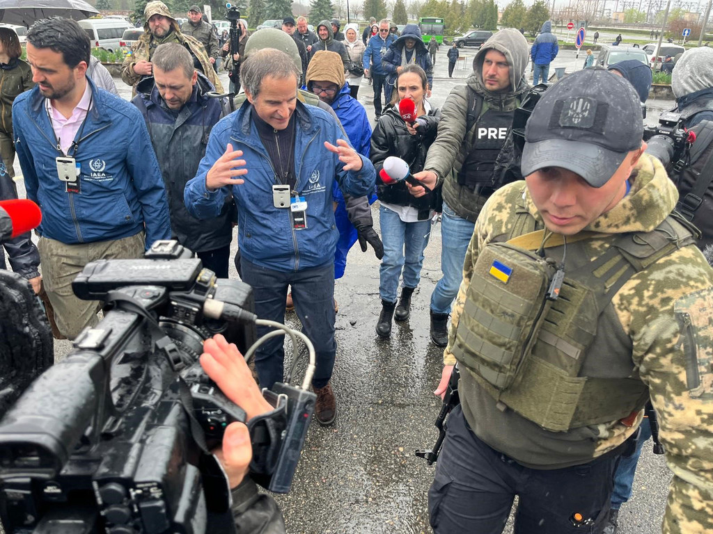 FILE: The director general of the International Atomic Energy Agency (IAEA), Rafael Mariano Grossi (center), spoke to journalists during a recent visit to the Chornobyl nuclear power plant (Ukraine).