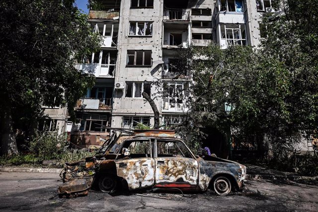 Archive - A building destroyed by shelling in the city of Sloviansk, Ukraine