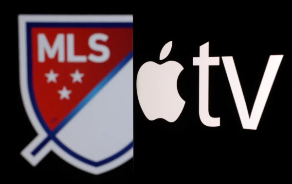 Illustration shows Major League Soccer (MLS) and Apple TV logos