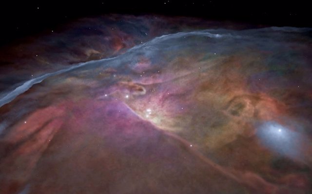 A 3D model of the Orion Nebula shows the Orion Veil layer as a bluish gas surrounding the nebula depicted in red and yellow.