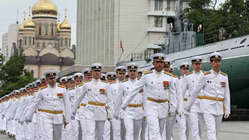 Russian naval officers take part in a graduation ceremony in Vladivostok.