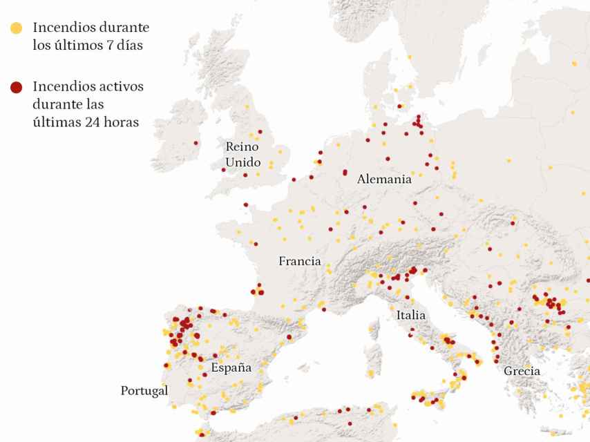 Map of active fires in Europe due to the heat wave.