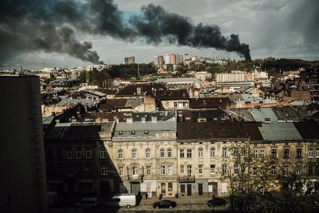 File - Columns of smoke after a Russian attack in Lviv, Ukraine