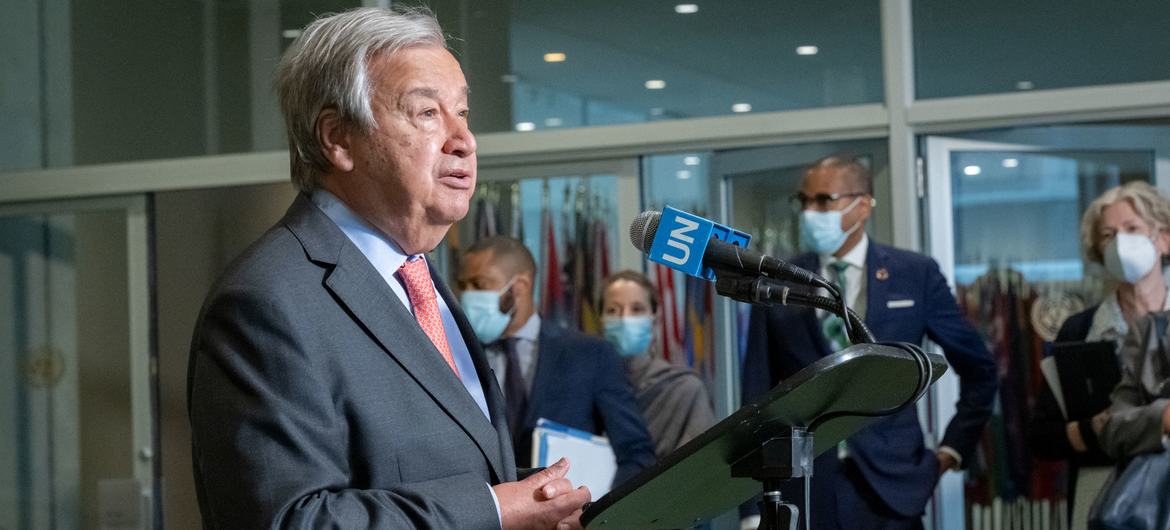 Secretary General António Guterres speaks to the press after the departure of the first freighter from Odessa.