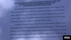 Detail of the document issued by the Department of Justice on Friday, August 26, 20220. Photo: Celia Mendoza, VOA.