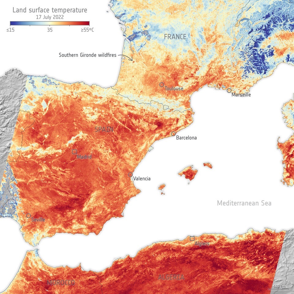 ESA satellites capture images of extreme heat in Europe