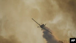 A plane fights a fire in the Paraná Delta near Victoria, Entre Ríos province, Argentina, on Friday, August 19, 2022. Forest fires in the Paraná Delta have consumed thousands of hectares of Argentine wetland.  (AP Photo/Natacha Pisarenko)