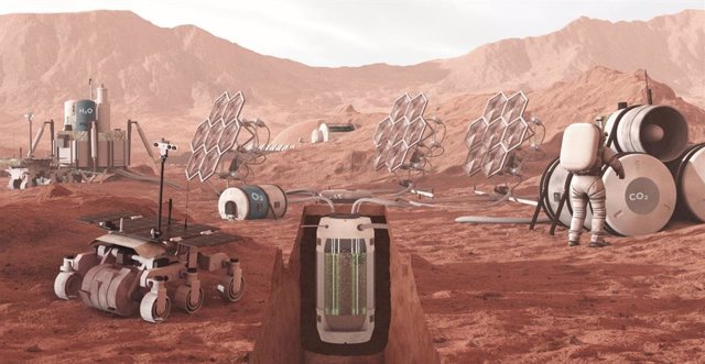 Illustration of a photobioreactor as part of a biological life support system for a Mars habitat.