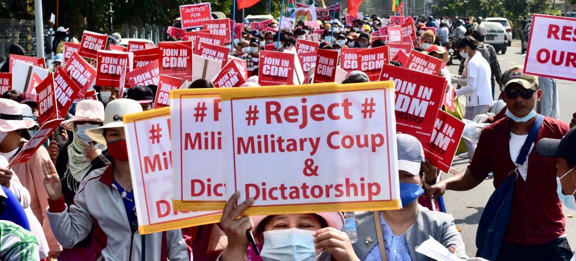 Protesters during a march against the military coup in Myanmar.