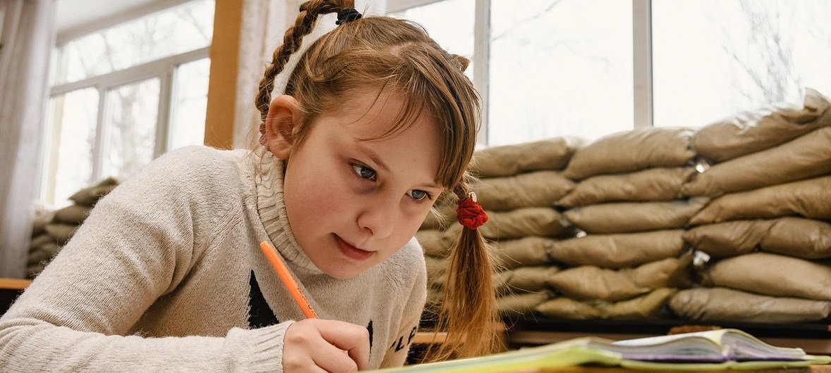 School in Ukraine protected against bombing.