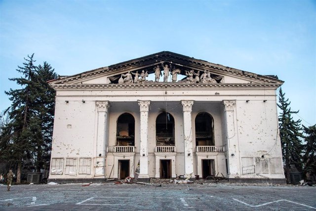 File - Donetsk Regional Drama Theater building in Mariupol, Ukraine, after an attack by the Russian Army