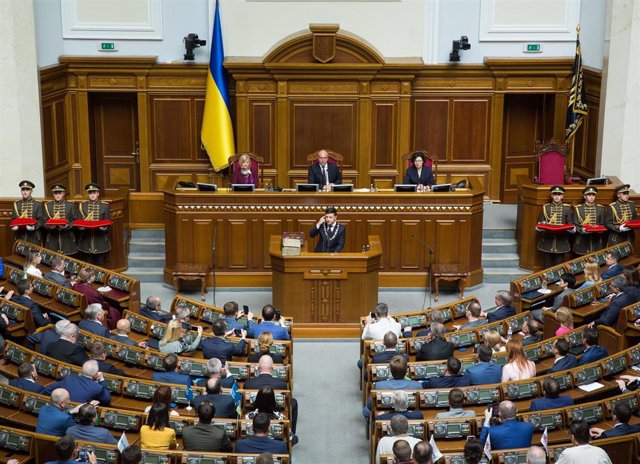 File - Volodomir Zelensky before the Parliament of Ukraine.