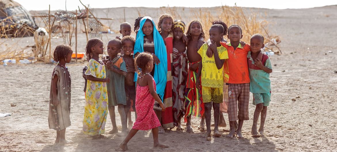 Children displaced by conflict and drought pose for a photo in Semera, Afar region, Ethiopia.