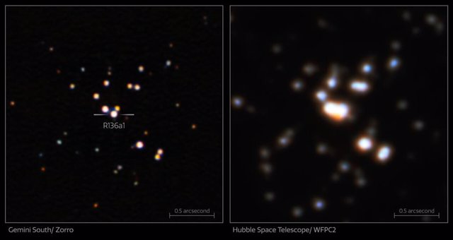 Gemini South and Hubble image comparison of the most massive star known (right)