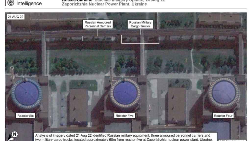 Aerial view of the Zaporizhia power plant on August 21 taken by British intelligence in which the position of the Russian troops is observed.