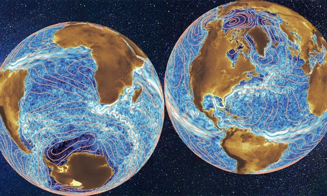 This illustration shows ocean currents from satellite data overlaid with large-scale circulation currents (gold lines) that can be extracted with a coarse-grained technique developed in Aluie's lab.