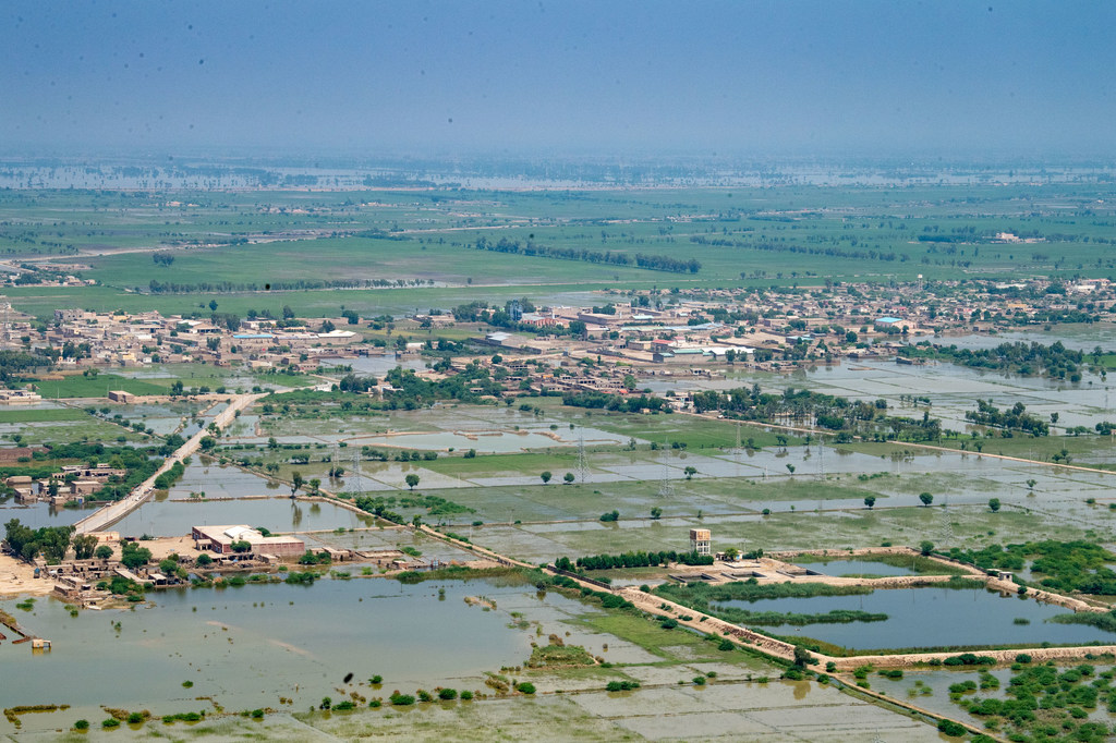 An aerial view of the devastated landscape taken during Secretary-General António Guterres' solidarity visit to Pakistan, where he witnessed the impact of flooding in Sindh and Baluchistan provinces.