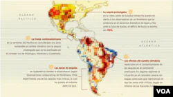 Graph that shows on a map of the American continent the areas with the greatest impact of droughts, colored from orange to red in the most affected regions, according to drought observatories.  (VOA Illustrations)