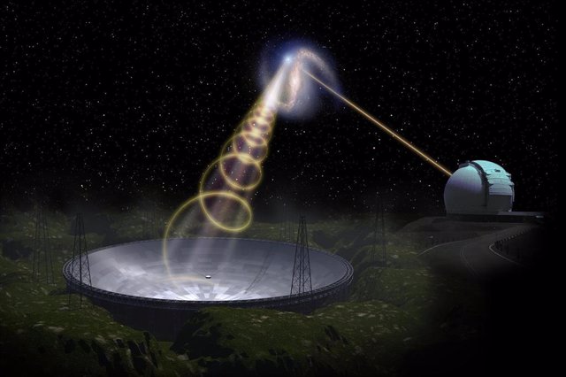 Artist's illustration of an FRB detected by an observatory on Earth