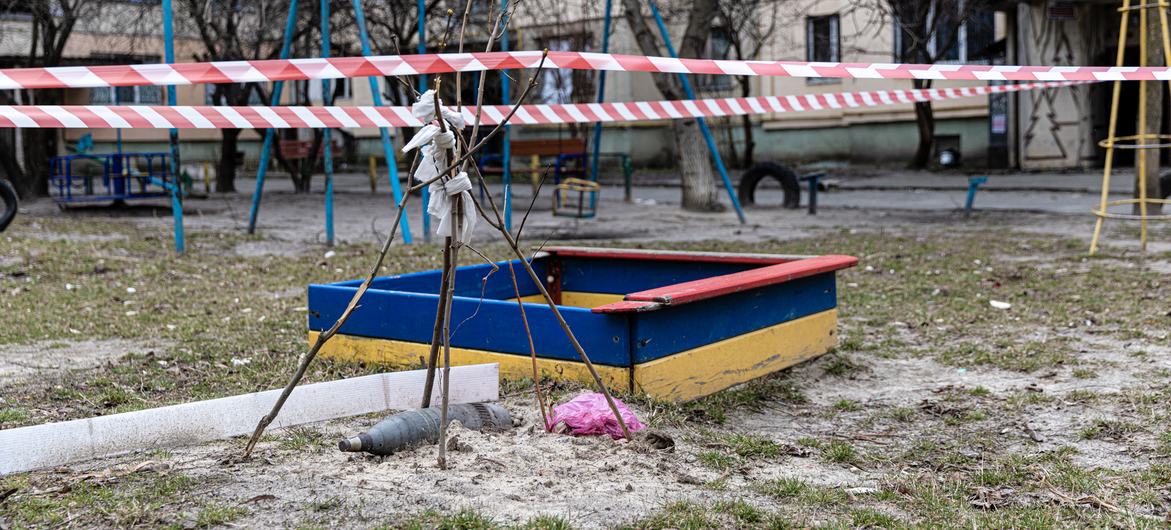 An unexploded ordnance, in Bucha, Ukraine.