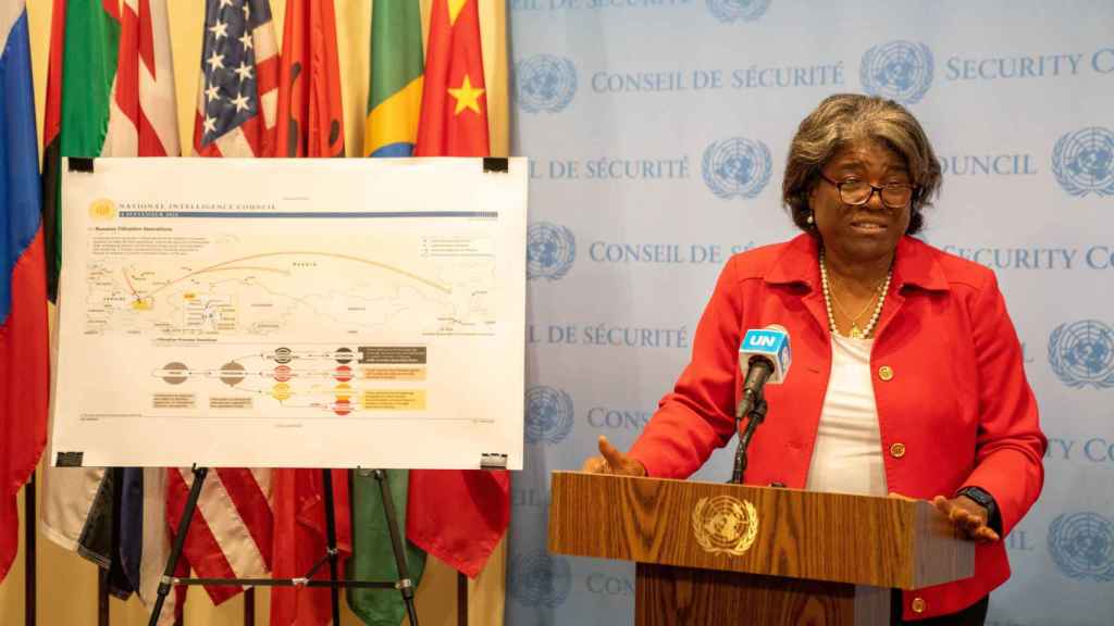 US Ambassador to the UN Linda Thomas - Greenfield speaks at the UN media briefing ahead of the United Nations Security Council meeting.