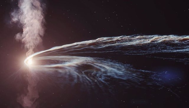 Artist's illustration of tidal disruption where a supermassive black hole spaghettis up and engulfs a star.  Some of the material is not consumed by the black hole and is expelled into space.