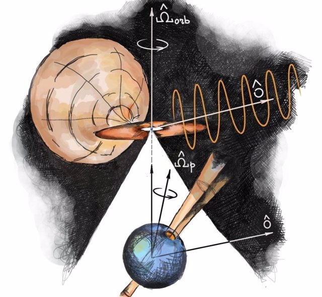 Artist's impression of a precessing X-ray pulsar near an ordinary star.