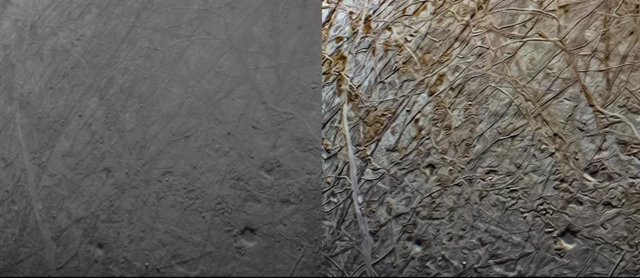 This pair of images shows the same portion of Europa captured by the Juno spacecraft's JunoCam during the mission's close flyby on September 29.