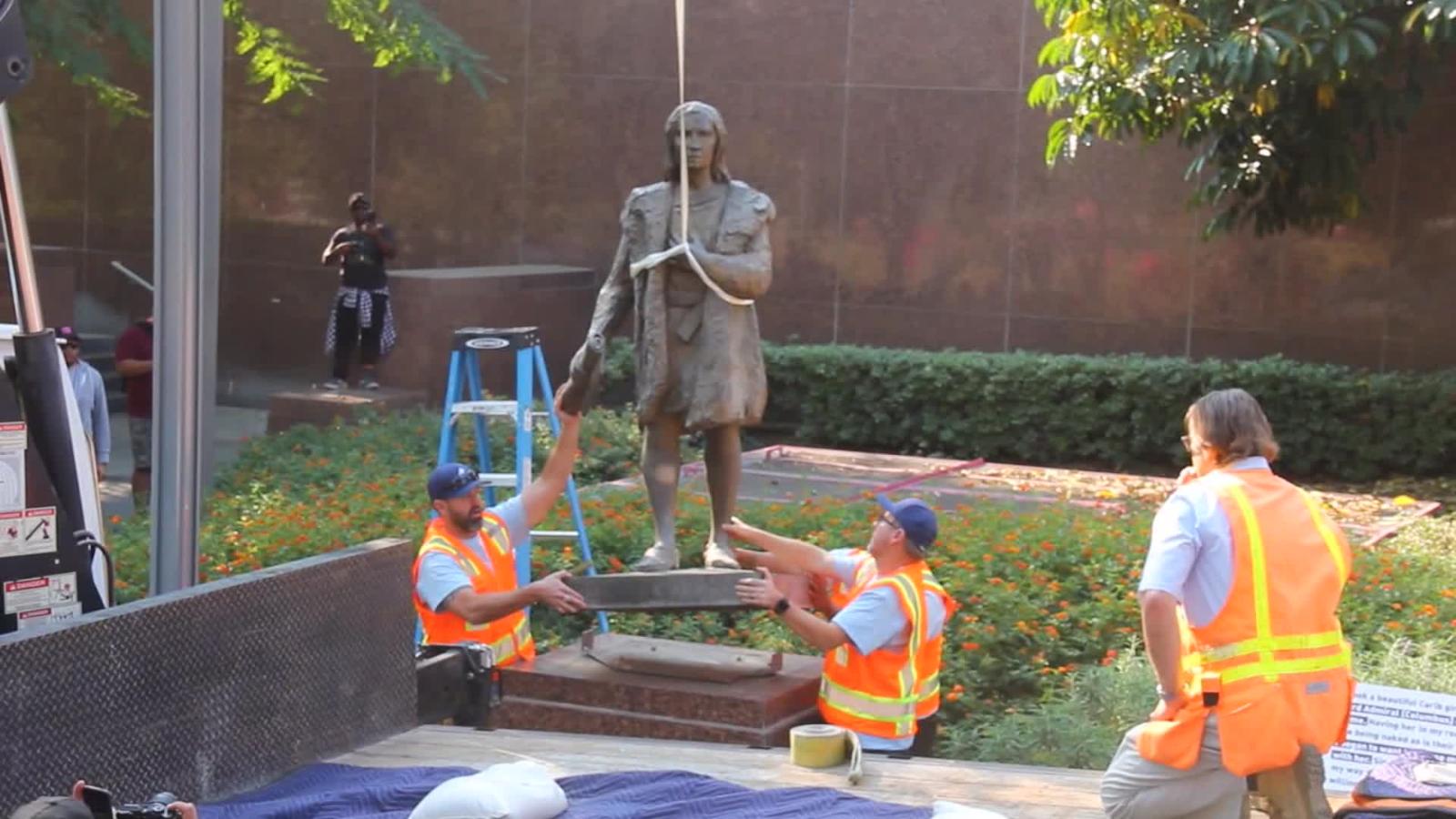 Statue of Christopher Columbus removed from downtown Los Angeles