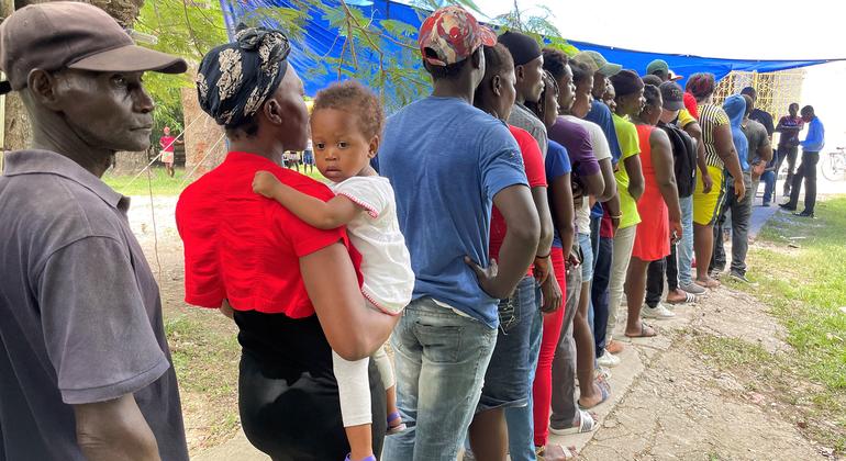 People queuing for hygiene kits in Les Cayes, southwestern Haiti.