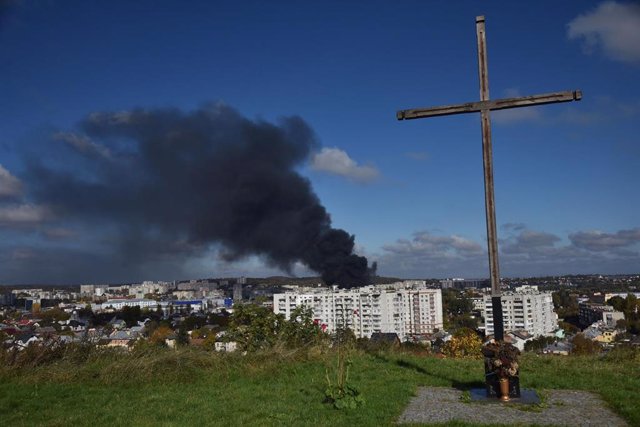 Smoke after an attack on Lviv on Monday