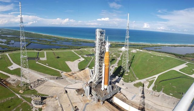 A view of the Artemis I Space Launch System (SLS) and the Orion spacecraft atop the mobile launcher on Launch Pad 39B at NASA's Kennedy Space Center in Florida on September 15, 2022.