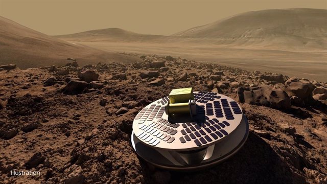 An illustration of SHIELD, a Mars lander concept that would allow low-cost missions to reach the surface of the Red Planet by safe forced landing, using a collapsible base to absorb shock.