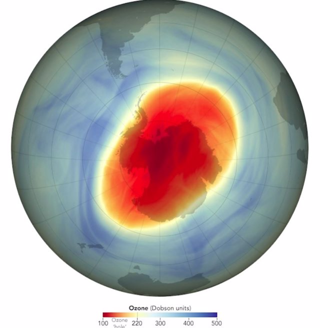 This map shows the size and shape of the ozone hole over the South Pole on October 5, 2022, when it reached its maximum extent on a single day of the year.