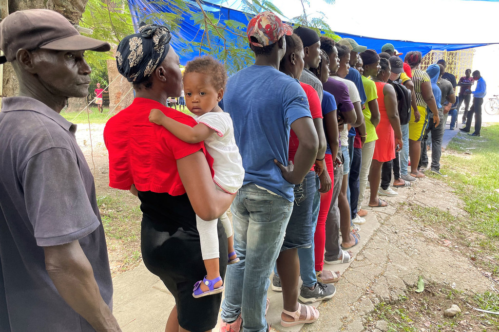 People queuing for hygiene kits in Les Cayes, southwestern Haiti.