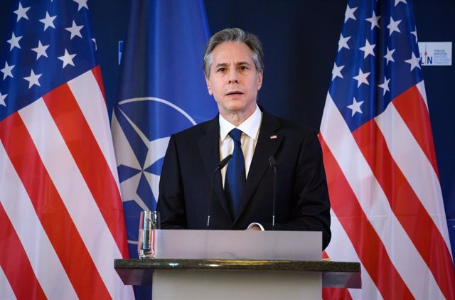 FILE - US Secretary of State Antony Blinken speaks during a press conference at the end of the NATO Foreign Ministers' meeting at the Federal Foreign Office in Berlin.