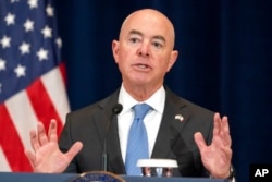 The Secretary of the Department of Homeland Security, Alejandro Mayorkas, speaks at a press conference at the Department's headquarters in Washington, DC, on October 13, 2022.