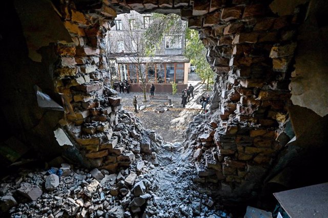 Building destroyed by attacks in Zaporizhia, Ukraine