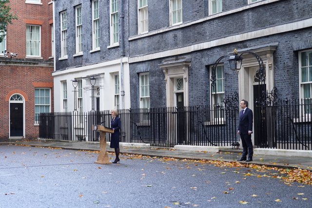 20 October 2022, United Kingdom, London: UK Prime Minister Liz Truss makes a statement outside 10 Downing Street where she announced her resignation as Prime Minister after 45 days in office.  Photo: Stefan Rousseau/PA Wire/dpa