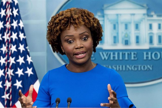 File - White House Secretary Karine Jean-Pierre at a press conference, Washington