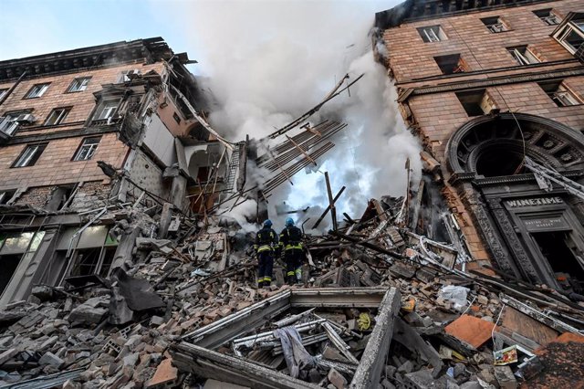 Buildings destroyed in an attack on the city of Zaporizhia, in Ukraine