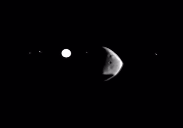 Image of the encounter between the moon Deimos and Jupiter and its moons