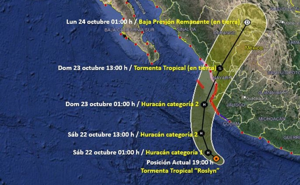 What is Tropical Storm Roslyn's track, where is it headed, and when does it make landfall?